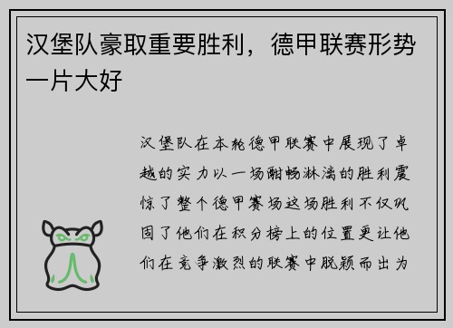 汉堡队豪取重要胜利，德甲联赛形势一片大好